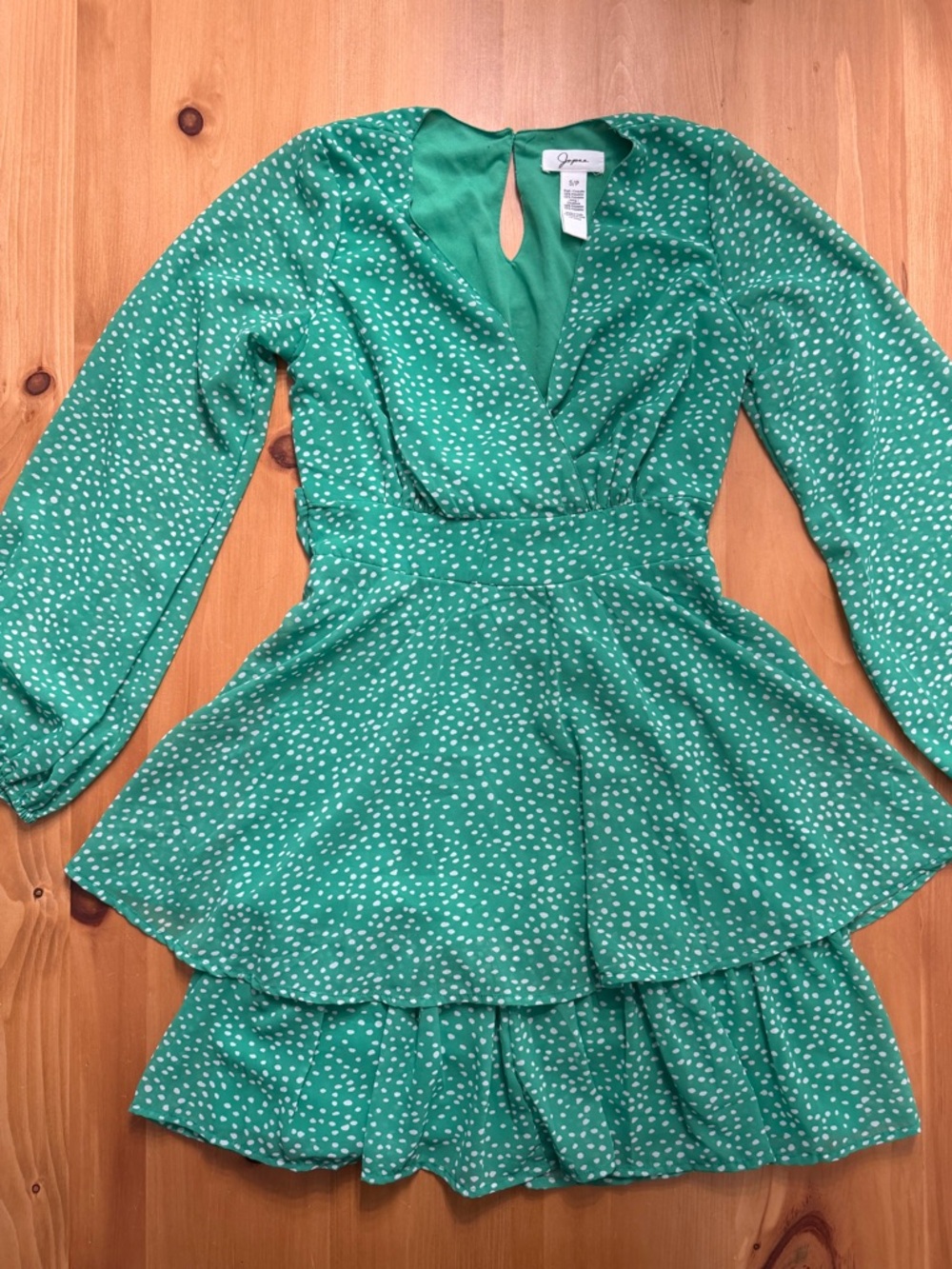 Japna Green Polka Dot Mini Dress - Tiered Skirt & Long Sleeves - Size S/P